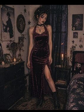 Vintage! All That Jazz-Velvet Halter Maxi Dress in Deep Plum
